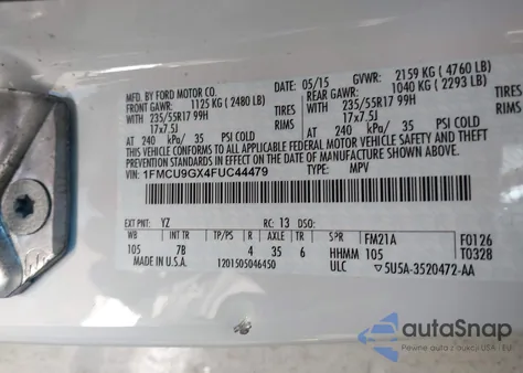 2015 Ford Escape Se from USA, damaged, VIN 1FMCU9GX4FUC44479